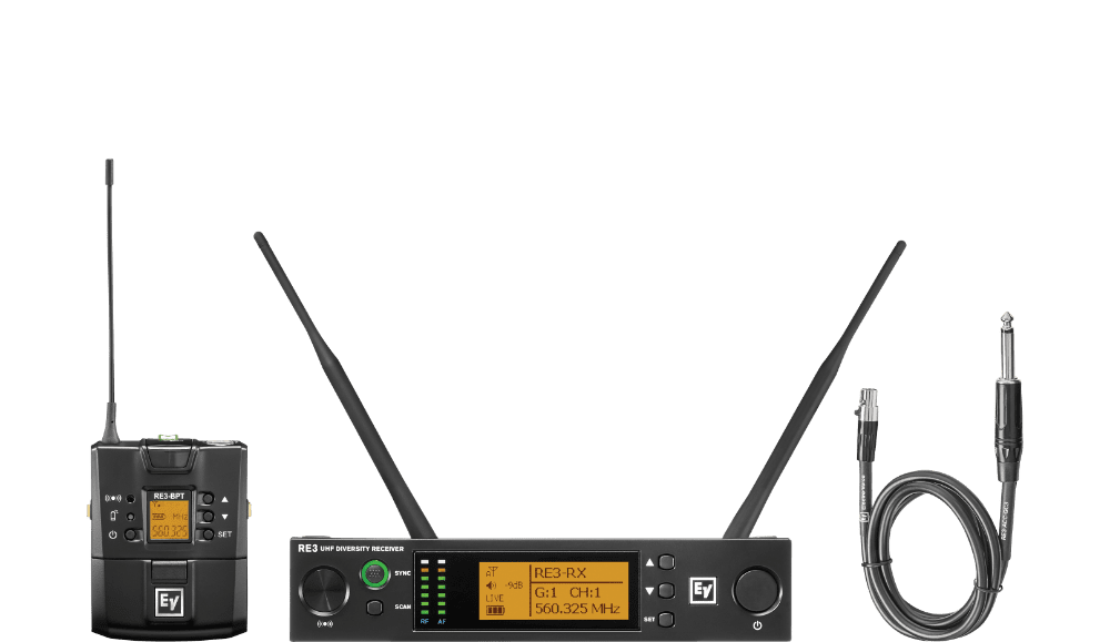 Electro-Voice RE3-BPGC-5H UHF wireless set featuring the GC3 instrument cable