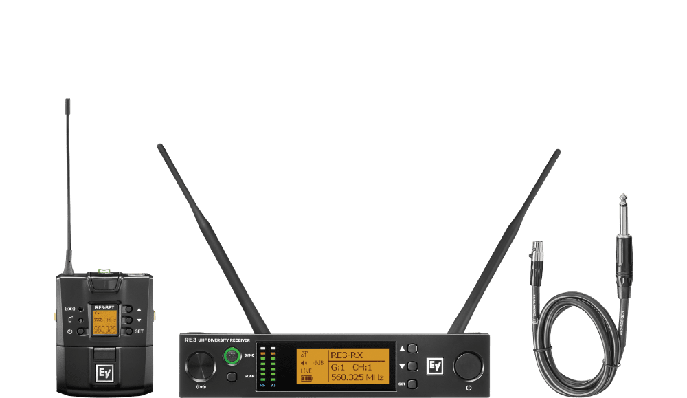 Electro-Voice RE3-BPGC-5L UHF wireless set featuring the GC3 instrument cable