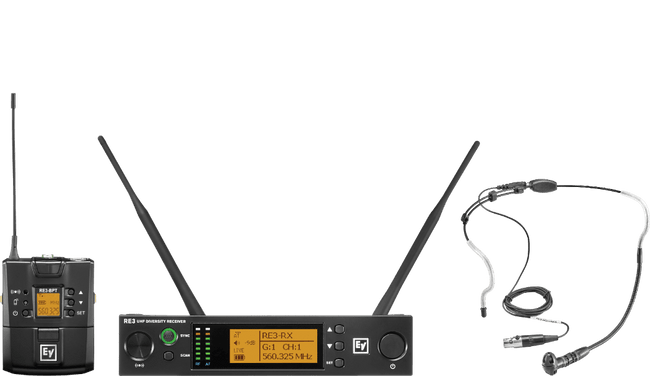 Electro-Voice RE3-BPHW-5H UHF wireless set containing the HW3 supercardioid headworn microphone