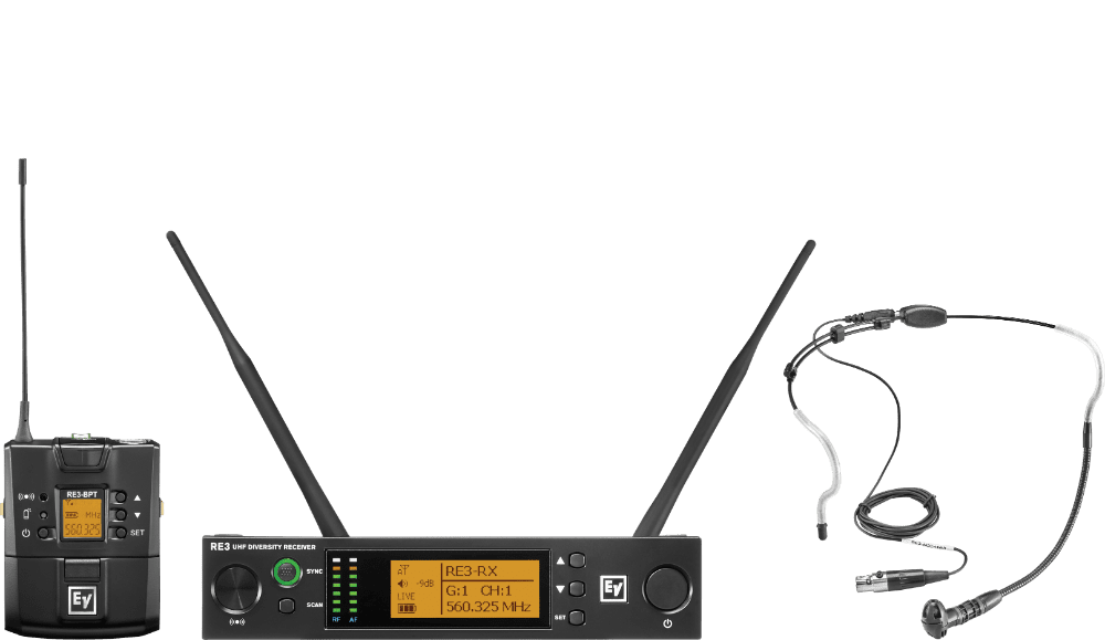 Electro-Voice RE3-BPHW-5L UHF wireless set containing the HW3 supercardioid headworn microphone