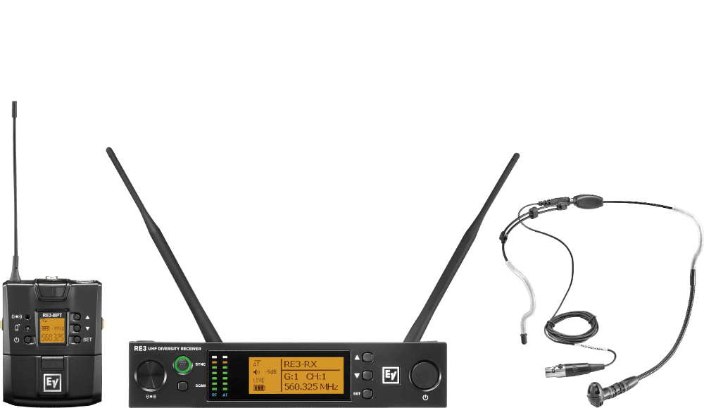 Electro-Voice RE3-BPHW-6M UHF wireless set containing the HW3 supercardioid headworn microphone
