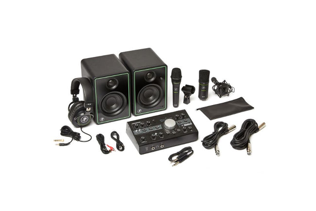 Mackie Studio Bundle Studio bundle with CR3-X monitors, Big Knob Studio monitor controller/interface, EM89D dynamic mic, EM91C condenser mic and MC-100 headphones.